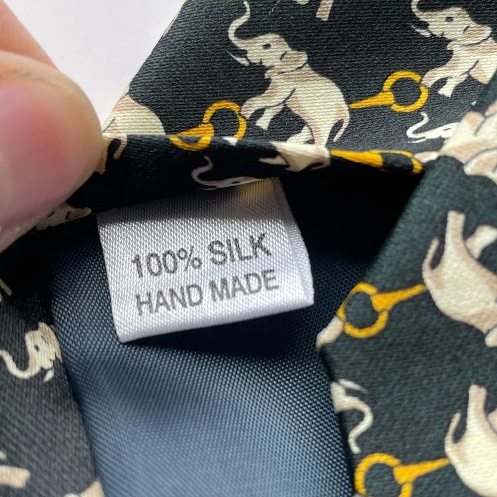 Rene Chagal Black Elephant Print Hand‎ Made 100% Silk Neck Tie Novelty Neckwear